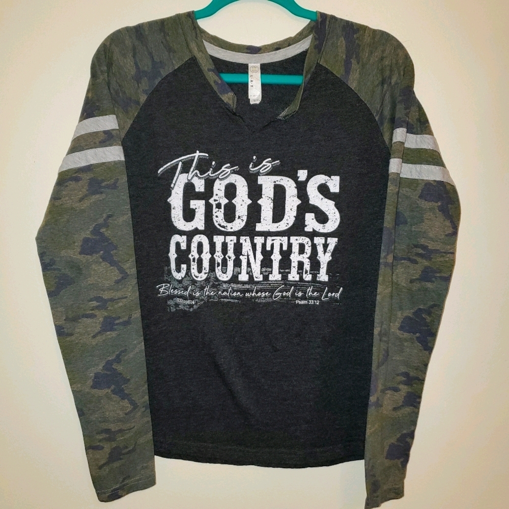 This Is God's Country Camo Raglan Long Sleeve Tee Top Psalm 33:12 Scripture